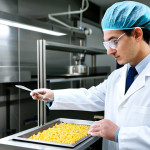 A diligent male food safety professional in a crisp, modest lab coat over a professional business shirt, standing confidently in a clean, state-of-the-art food testing laboratory. He holds a well-maintained "Food Hygiene Supervisor Certificate" in one hand, looking thoughtfully at it, while the other hand rests on a high-tech lab equipment. The background features sterile stainless steel surfaces and various scientific instruments, subtly implying advanced food safety analysis. The lighting is bright and professional. Fully clothed, appropriate attire, professional dress, safe for work, appropriate content, perfect anatomy, correct proportions, natural pose, well-formed hands, proper finger count, natural body proportions, professional photography, high quality, studio lighting.