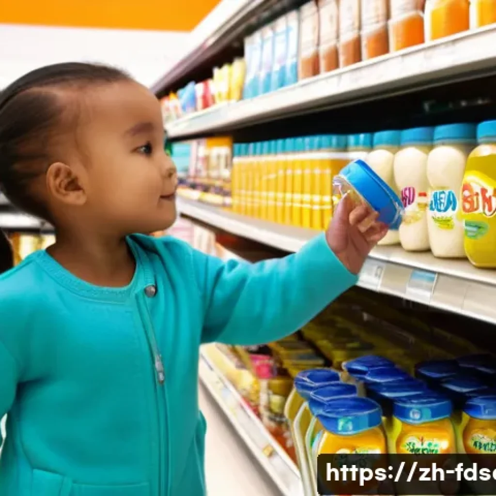 식품위생사와 관련된 최신 법규 - A warm, brightly lit supermarket aisle, focusing on the baby food section. A young, gentle-looking m...