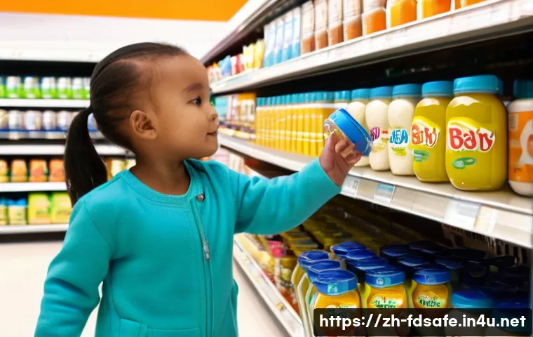 식품위생사와 관련된 최신 법규 - A warm, brightly lit supermarket aisle, focusing on the baby food section. A young, gentle-looking m...