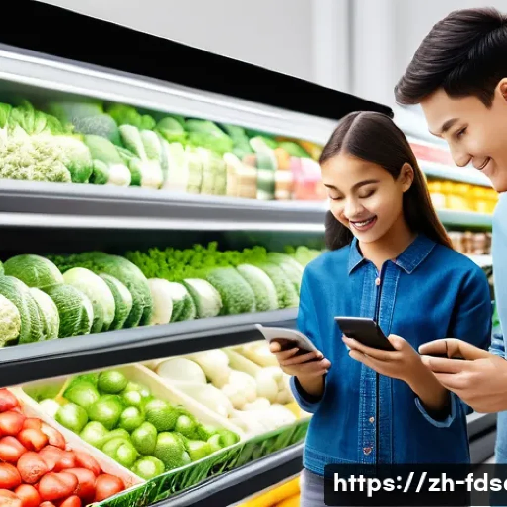 식품위생사 관련 산업 동향 - **A vibrant, futuristic supermarket scene emphasizing food traceability.** A diverse group of people...