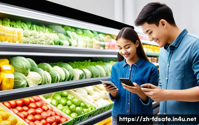 식품위생사 관련 산업 동향 - **A vibrant, futuristic supermarket scene emphasizing food traceability.** A diverse group of people...