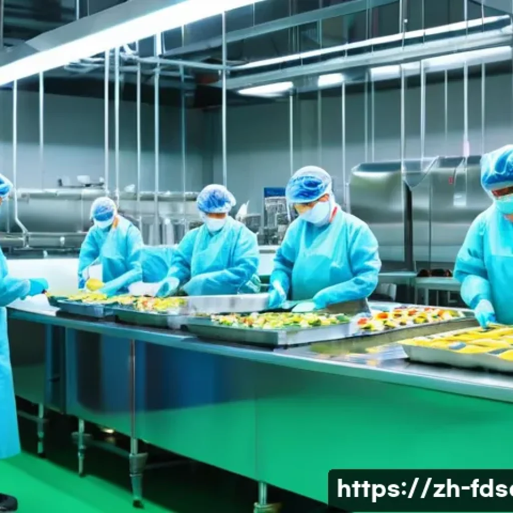 식품위생사와 식품위생법 상의 의무 - A modern food processing factory interior showing a clean and well-organized production line with wo...