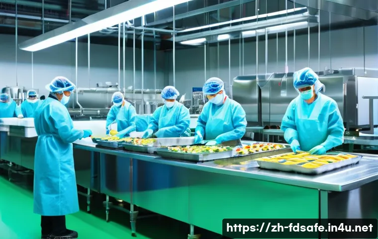 식품위생사와 식품위생법 상의 의무 - A modern food processing factory interior showing a clean and well-organized production line with wo...