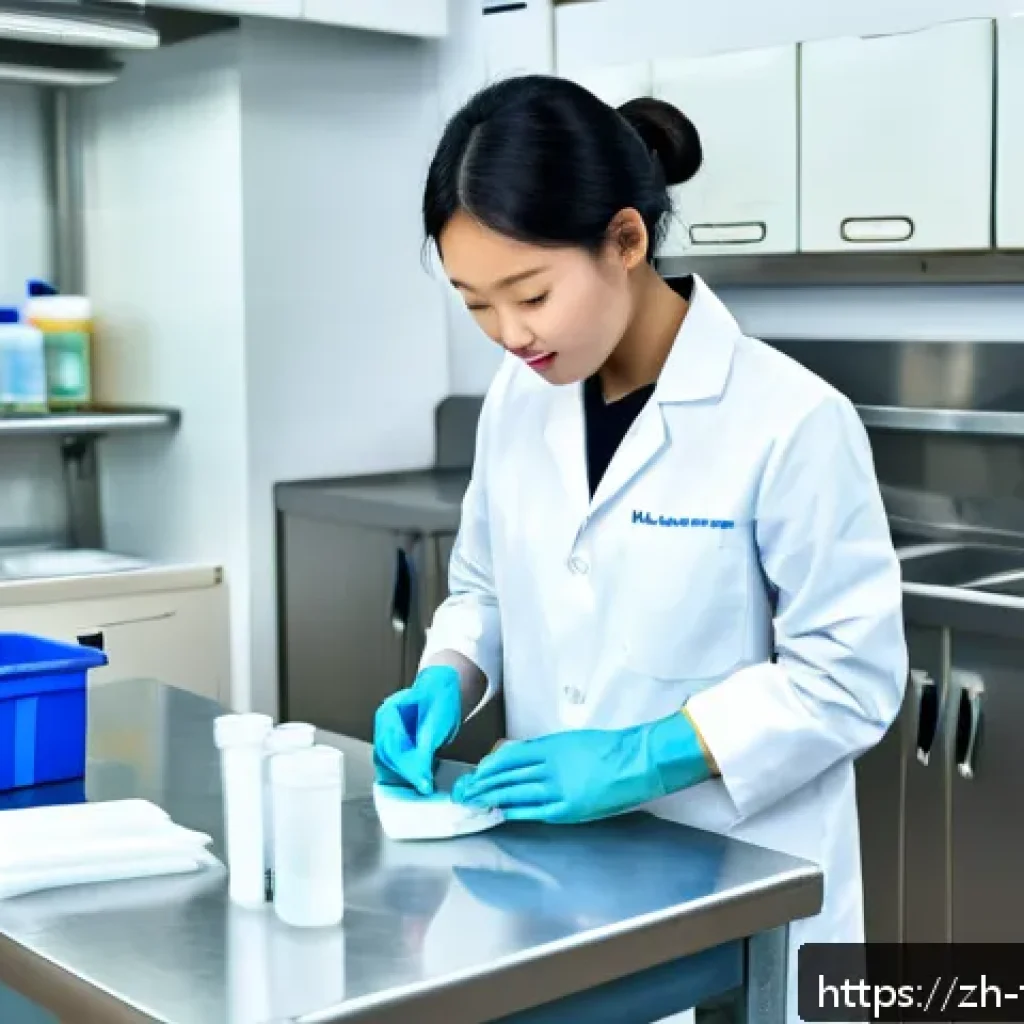 식품위생사 실기 시험 준비법 - A detailed scene of a food hygiene practical exam setting, showing a young adult wearing a clean whi...