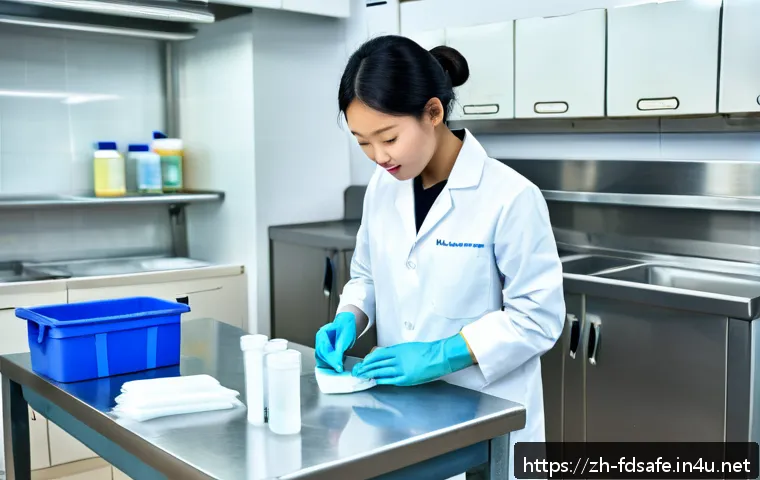 식품위생사 실기 시험 준비법 - A detailed scene of a food hygiene practical exam setting, showing a young adult wearing a clean whi...