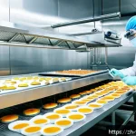 식품위생사와 관련된 국책 연구과제 - A professional food safety inspector in a modern large-scale food factory, wearing clean white prote...