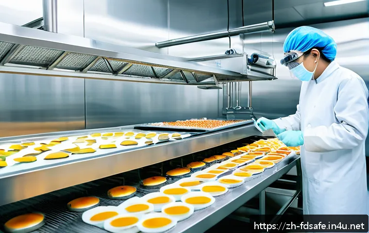 식품위생사와 관련된 국책 연구과제 - A professional food safety inspector in a modern large-scale food factory, wearing clean white prote...