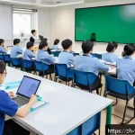 식품위생사 자격증 시험 일정 - A modern classroom setting showing a diverse group of adult students attentively participating in a ...