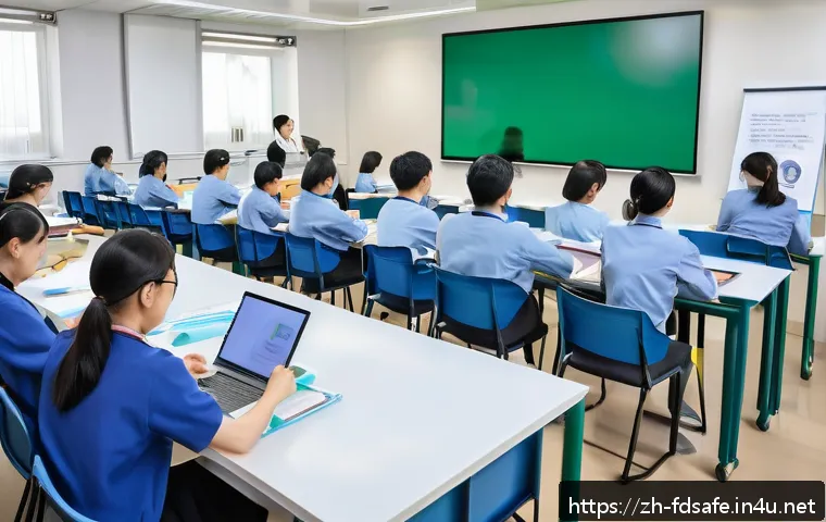 식품위생사 자격증 시험 일정 - A modern classroom setting showing a diverse group of adult students attentively participating in a ...