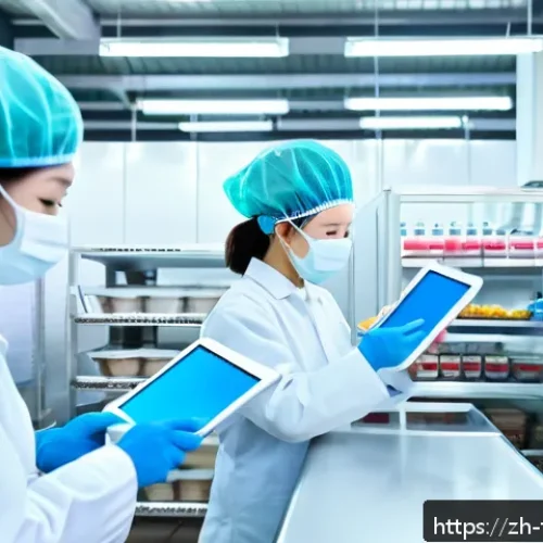 식품위생사와 HACCP 관리 - A modern food processing factory interior with workers wearing clean uniforms and hairnets carefully...