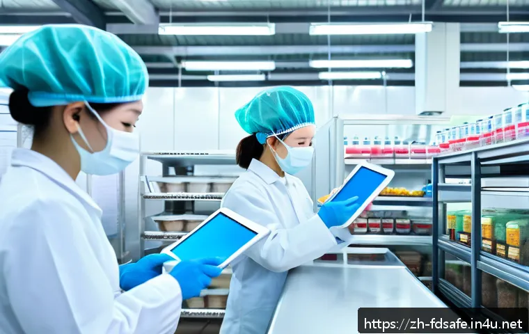 식품위생사와 HACCP 관리 - A modern food processing factory interior with workers wearing clean uniforms and hairnets carefully...