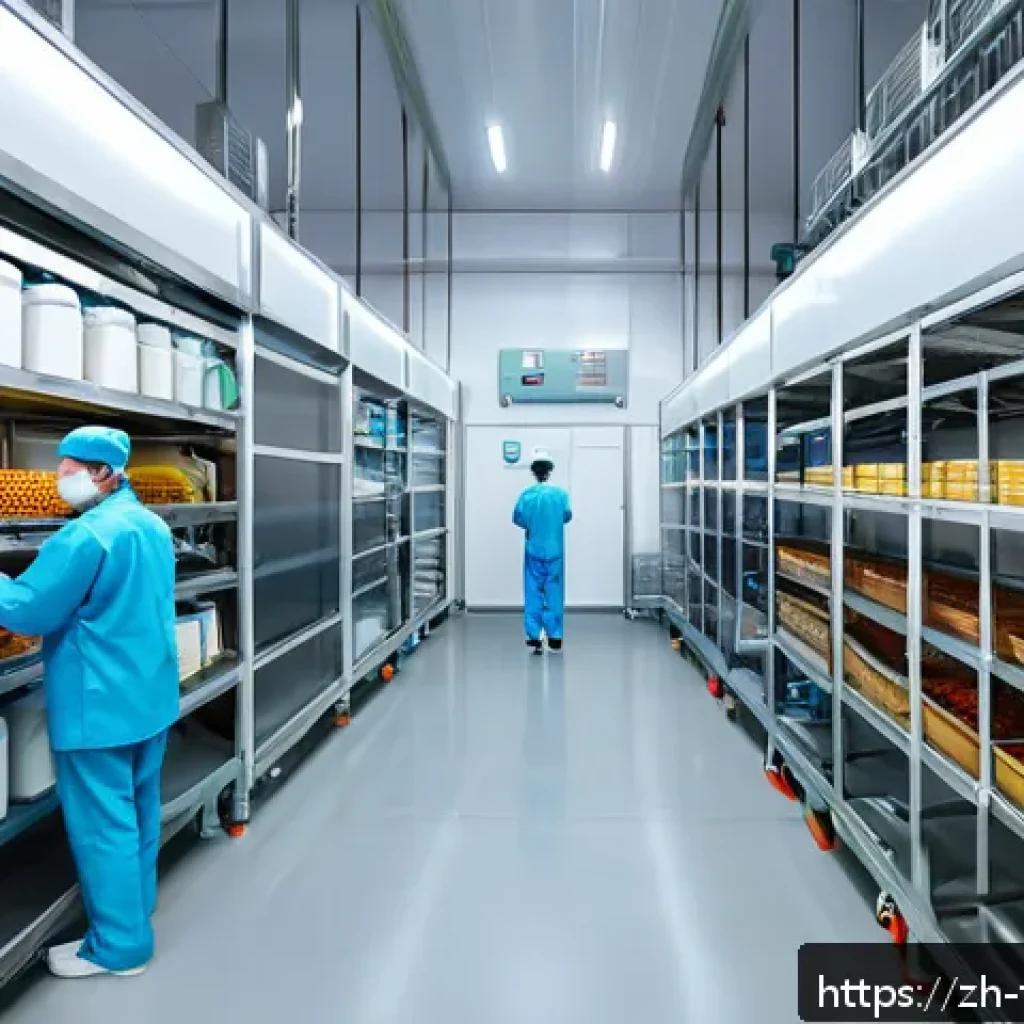 식품위생사 실무 사례 연구 - A modern food processing facility interior showing a cold storage room with digital temperature moni...