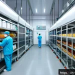 식품위생사 실무 사례 연구 - A modern food processing facility interior showing a cold storage room with digital temperature moni...