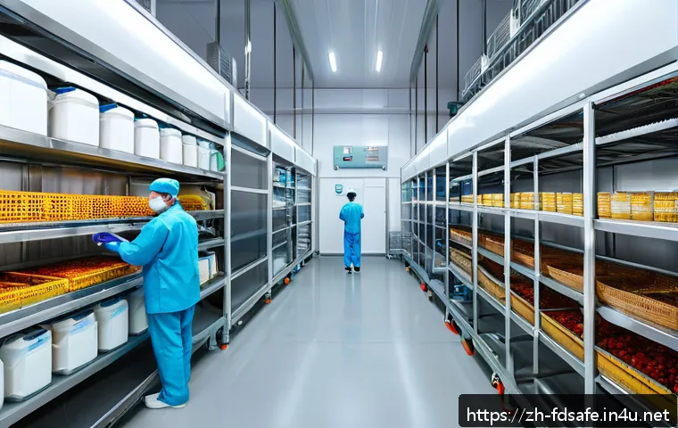 식품위생사 실무 사례 연구 - A modern food processing facility interior showing a cold storage room with digital temperature moni...