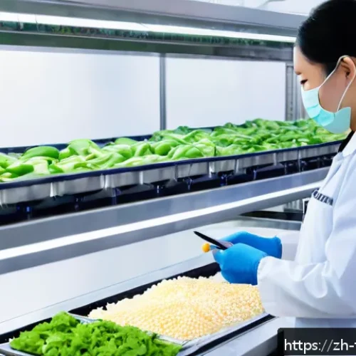 식품위생사 업무 환경과 전망 - A professional food safety inspector wearing a clean white lab coat and protective gloves, carefully...