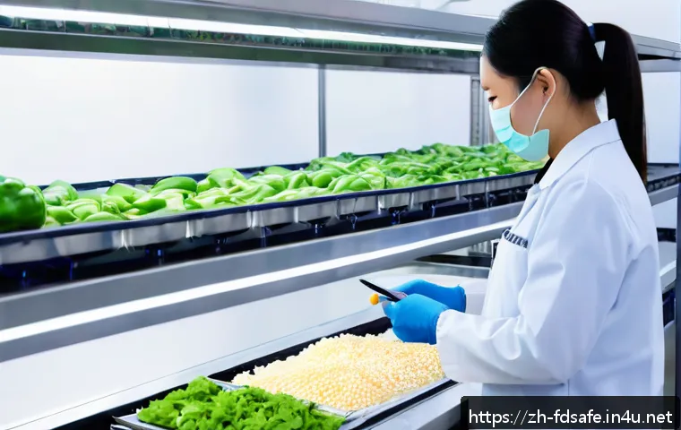 식품위생사 업무 환경과 전망 - A professional food safety inspector wearing a clean white lab coat and protective gloves, carefully...